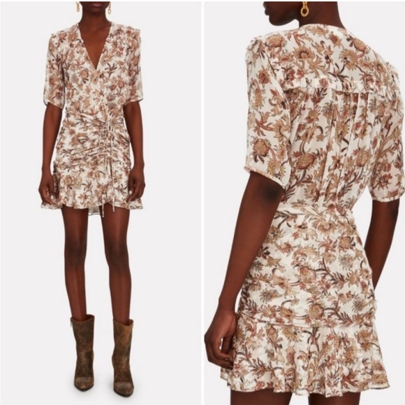 Veronica Beard Dakota Ruched Floral Silk Dress Metallic Tan Brown Mini Size 6 - Picture 3 of 7